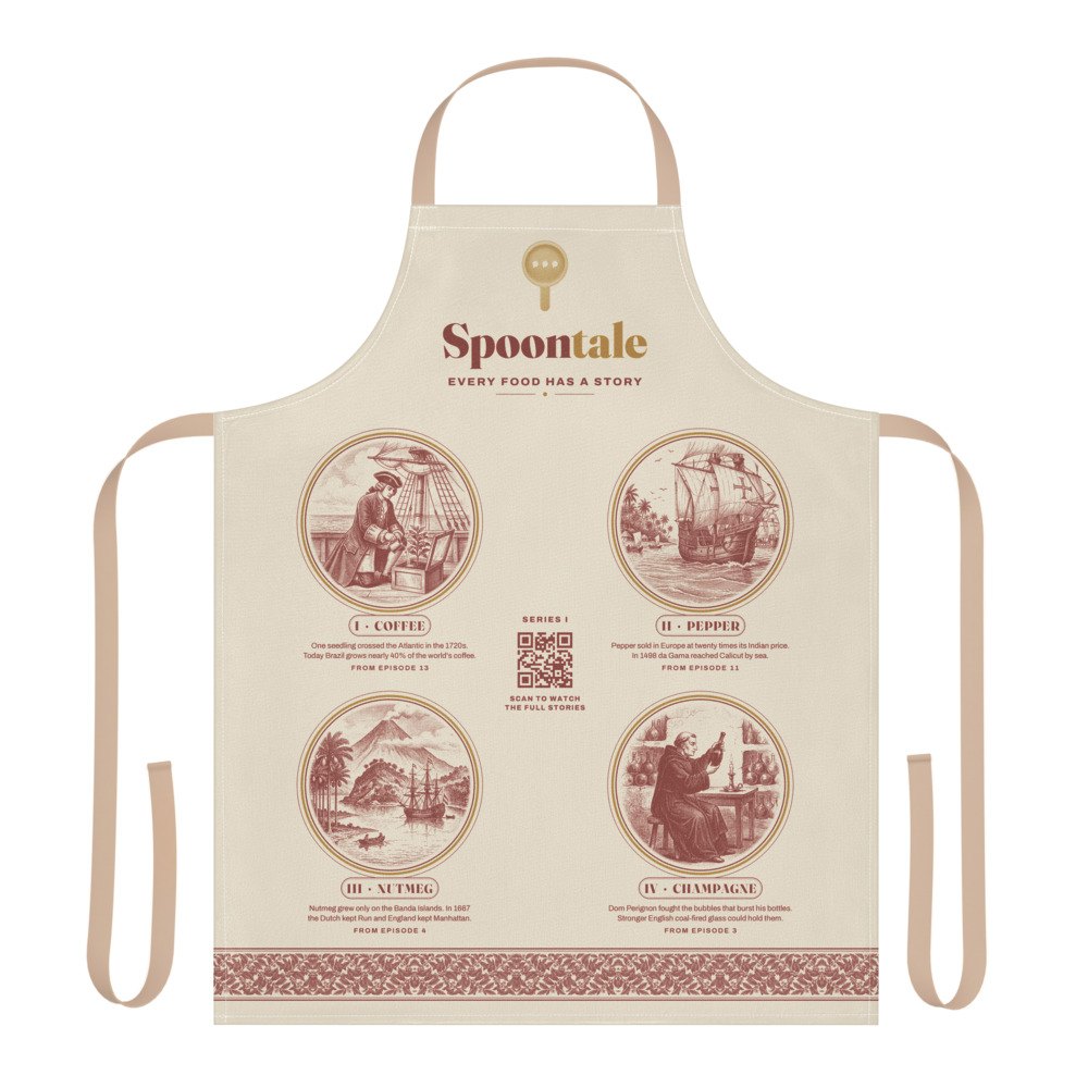The Series I apron: four engraved story roundels, the Spoontale logo and a QR code, with tan straps