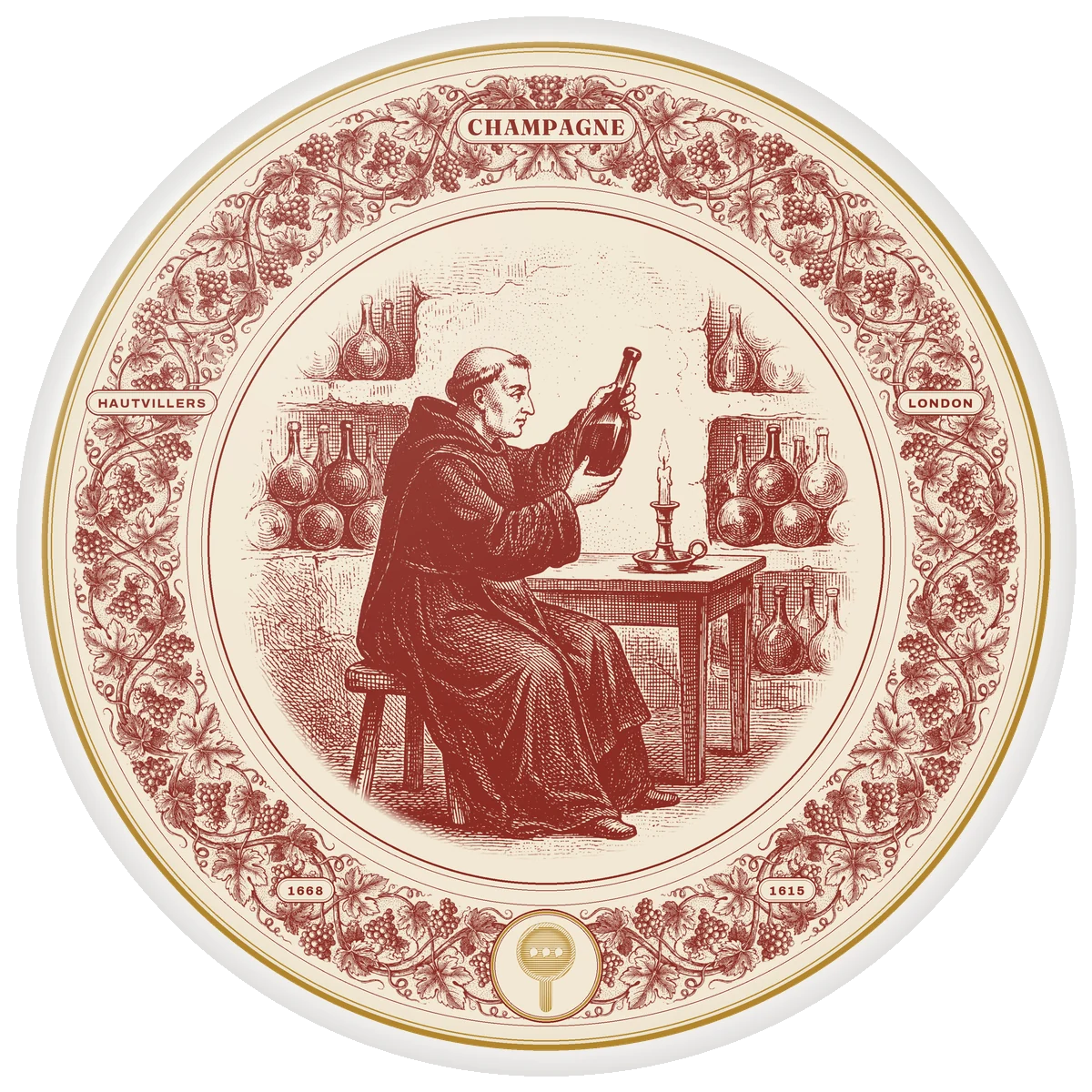 Story Plate IV, Champagne, printed in oxblood on cream with a gold-colour ring