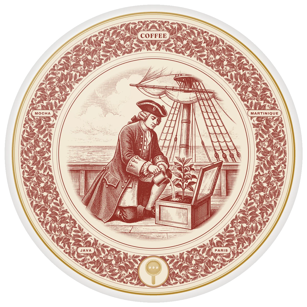 The Coffee story plate: an officer in a tricorne hat waters a coffee seedling on the deck of a sailing ship, inside a ring of engraved coffee branches