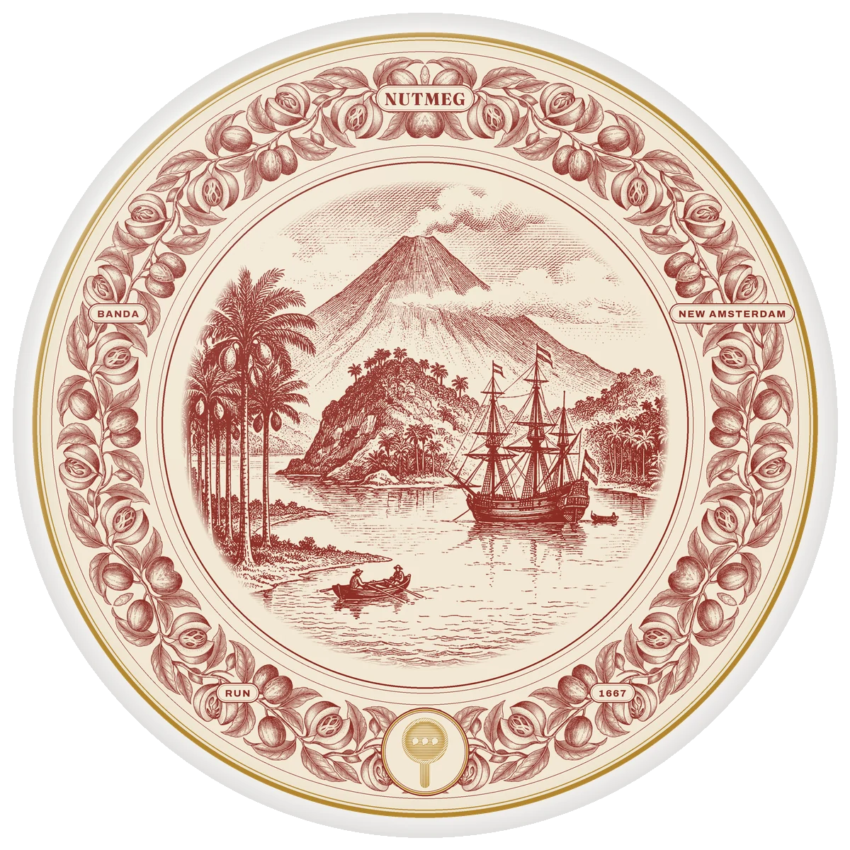 Story Plate III, Nutmeg, printed in oxblood on cream with a gold-colour ring