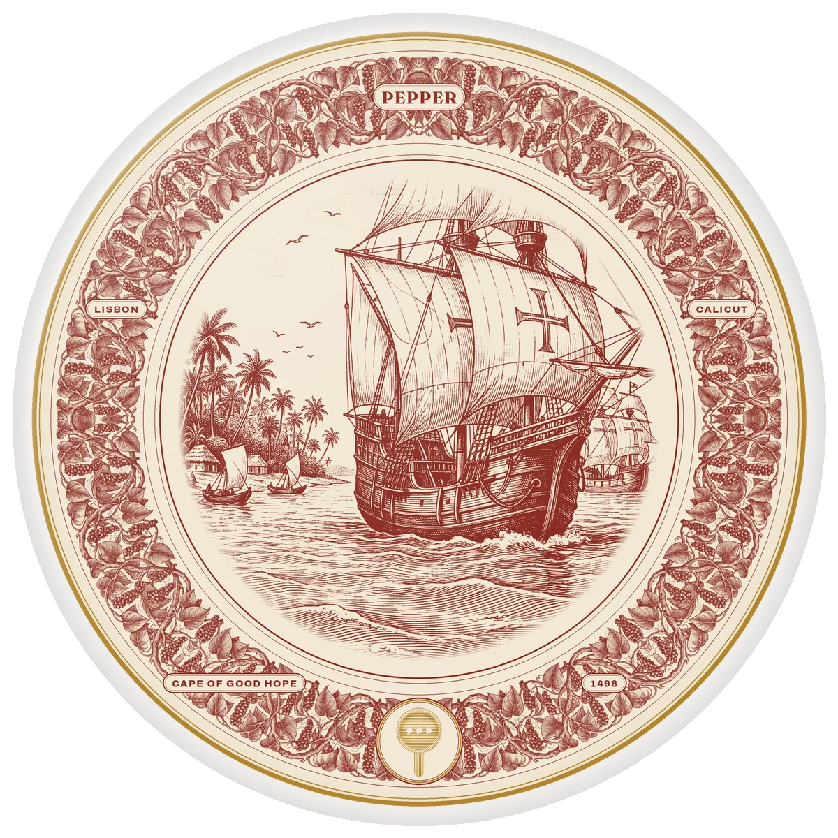 Story Plate II, Pepper, printed in oxblood on cream with a gold-colour ring